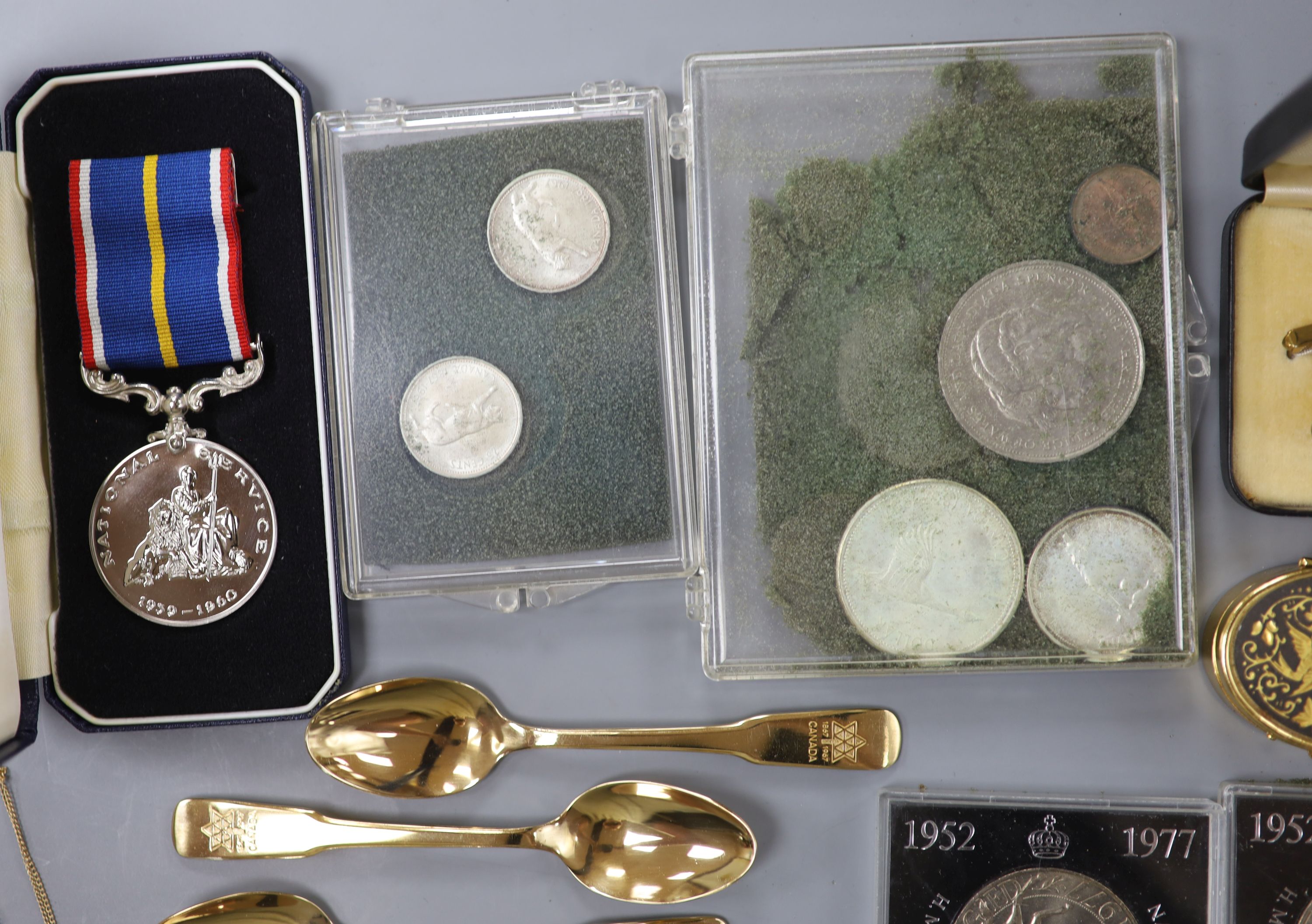 A 9ct and paste set ring, a 9ct gold aeroplane stud, 10kt cross pendant necklace and a quantity of other jewellery, watch, coins etc. including costume.